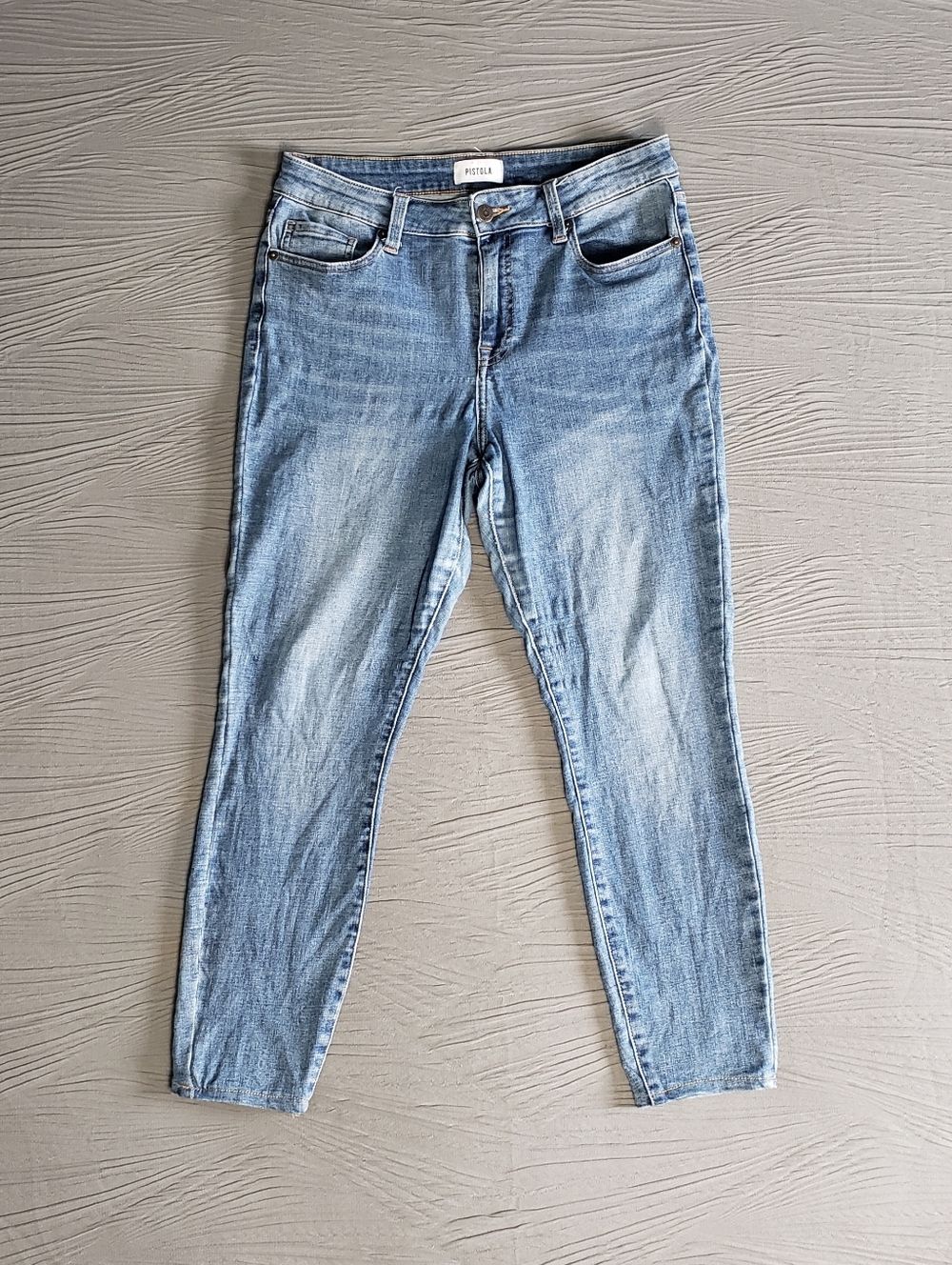 PISTOLA Women's Stretchy Mid-Rise Tapered Leg Acid Wash Jeans (30) Blue